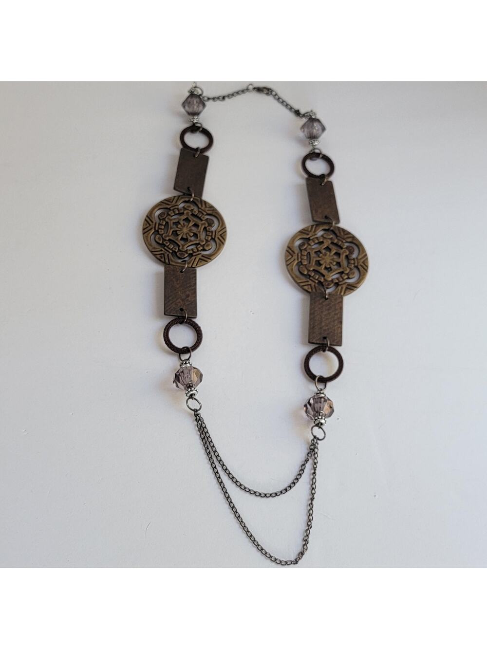 Brown Glass Bib Necklace Round Medallion Chain Boho Statement Jewelry 30 In